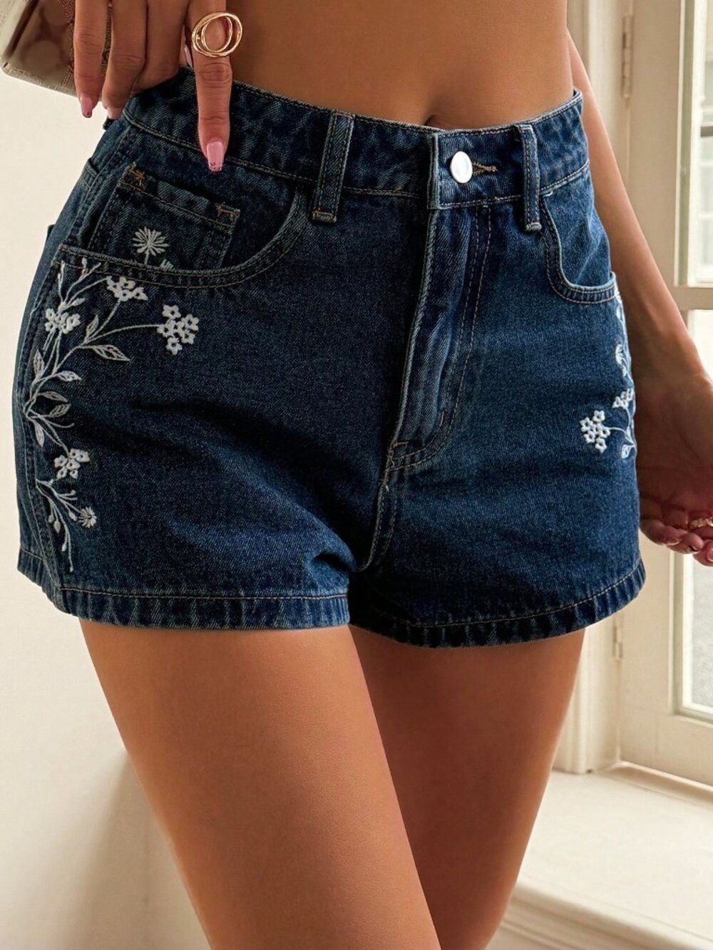 Dark Wash Casual Women's Regular Waist Side Floral Embroidery Denim Shorts - Picture 5 of 8